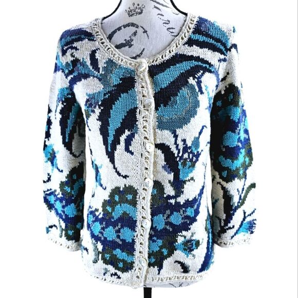 RARE Peruvian Connection Women's Floral Printed Cardigan Cream Teal Size XS - Picture 1 of 9